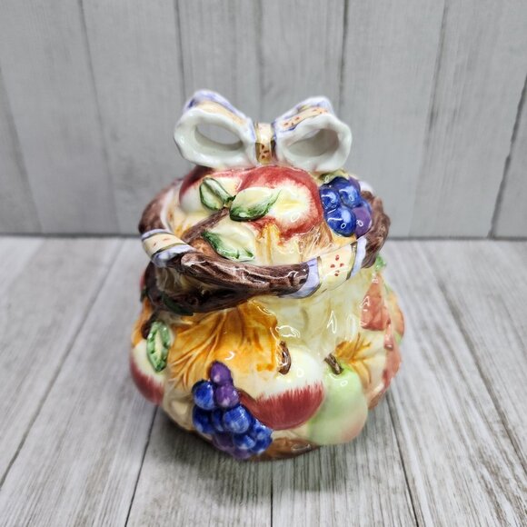 Vintage Painted Jam Jar Fruits and Fall Leaves Design Ceramic with Lid 5.5" Tall - Picture 4 of 8